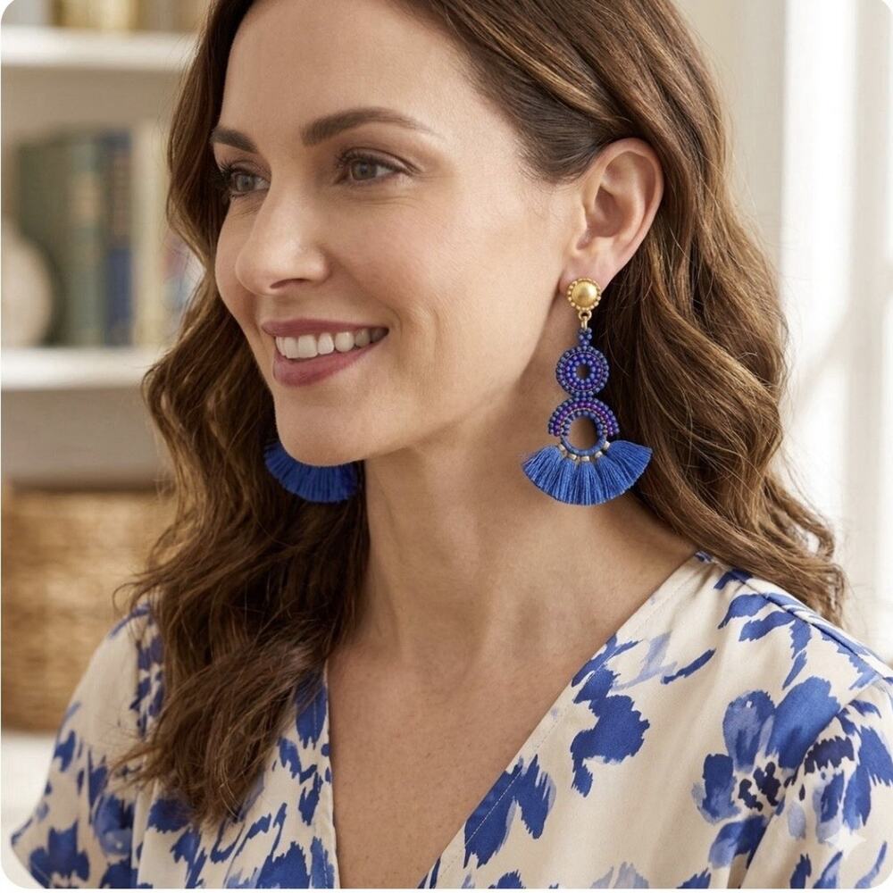 Susan Shaw beaded Tassel Fringe Gold Blue Earrings resort wear boho chic